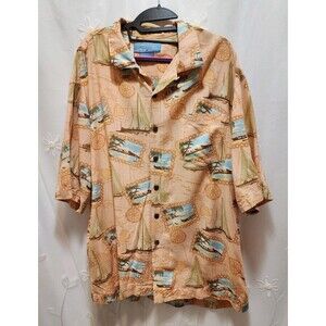 Bermuda Bay Mens XL Peach Shirt Vintage Silk Aloha Postcard Tropical Vacation